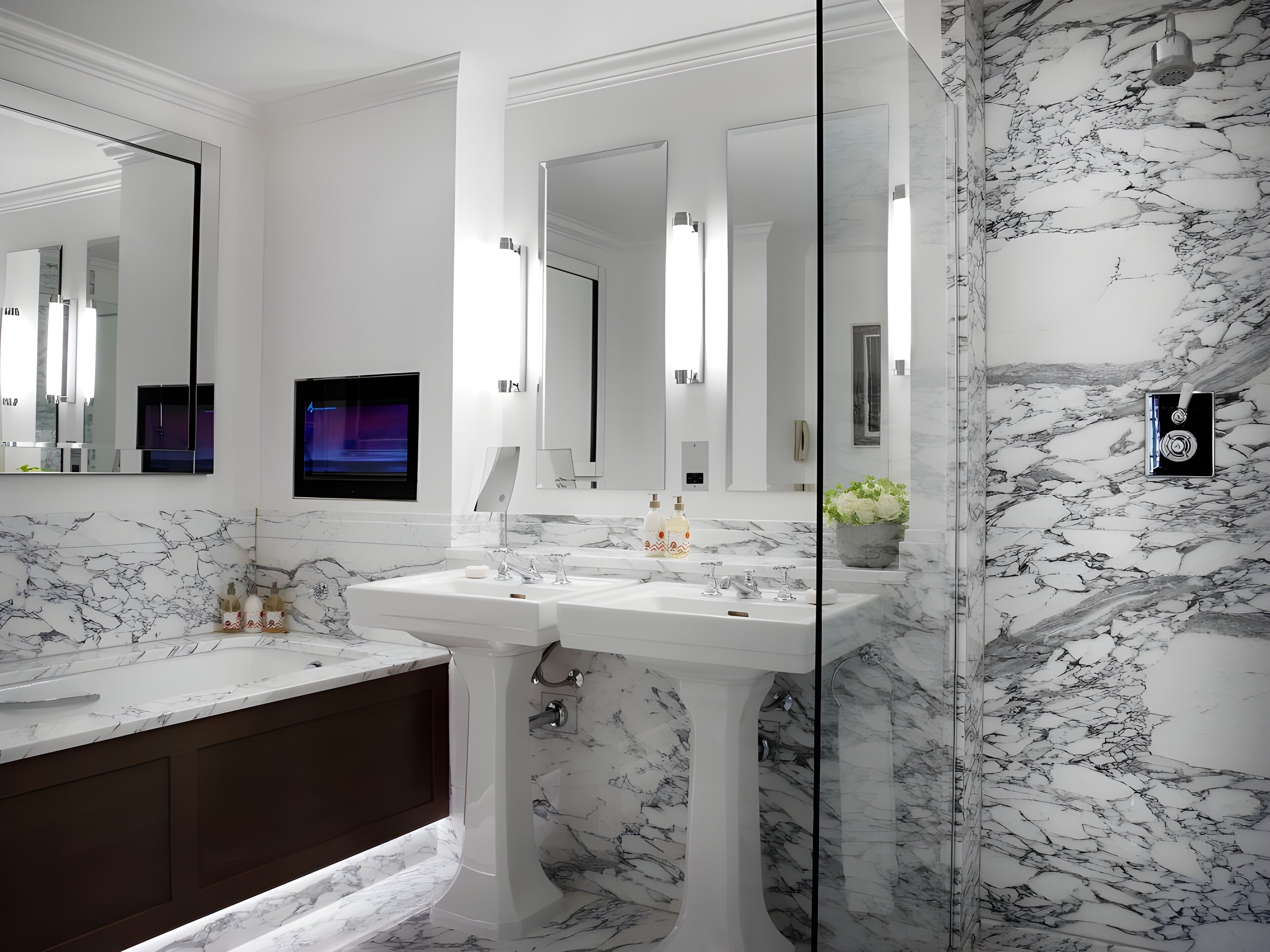 combined shower/bathtub, deep-soaking bathtub, designer toiletries