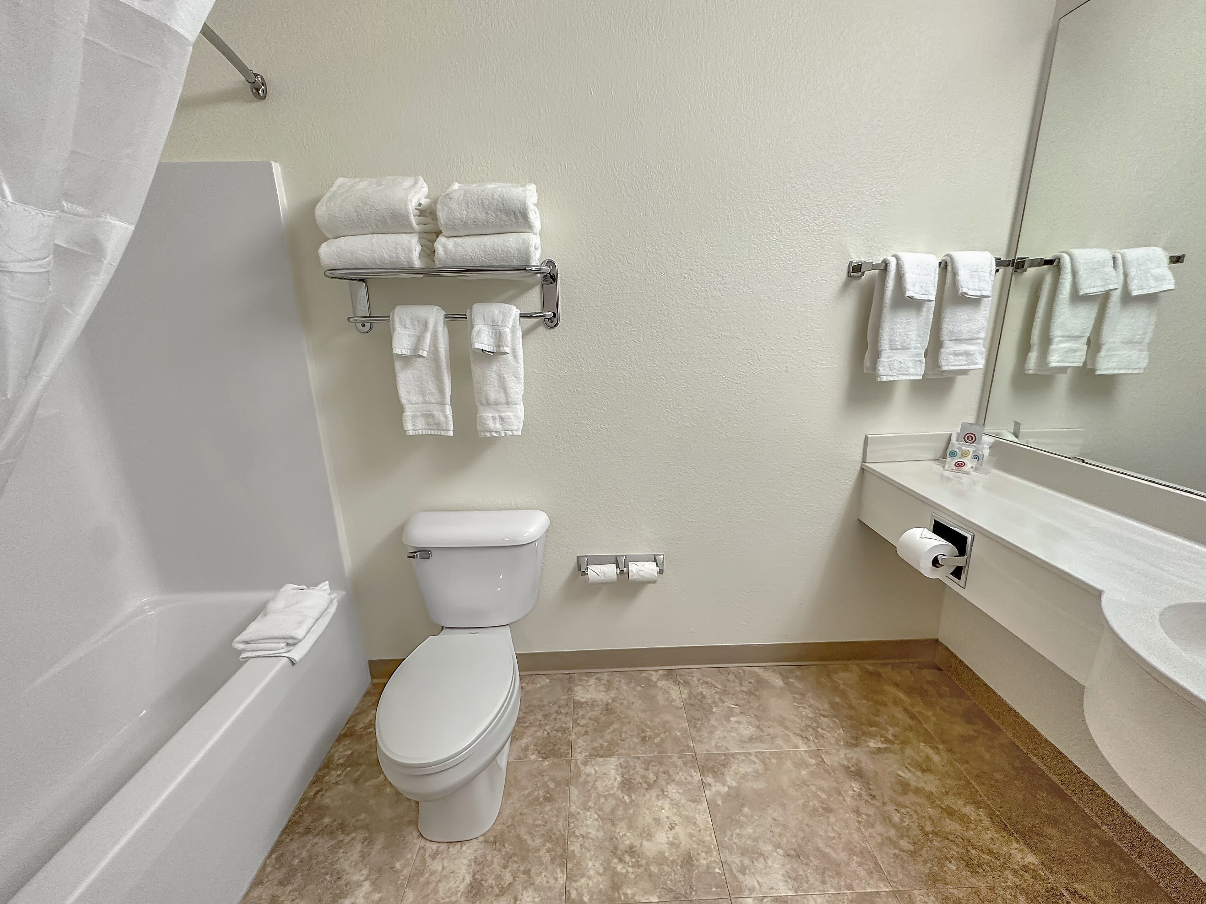 deluxe suite | bathroom | combined shower/bathtub, designer toiletries, hair dryer, towels