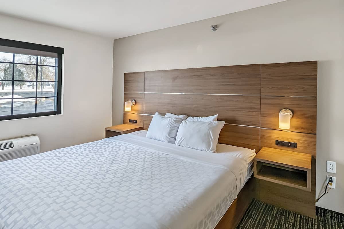 Een moderne hotelkamer met een groot bed, een houten hoofdbord, bedlampjes en uitzicht op het groen.