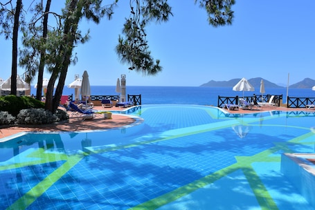 Una piscina al aire libre de temporada, camas de piscina gratis