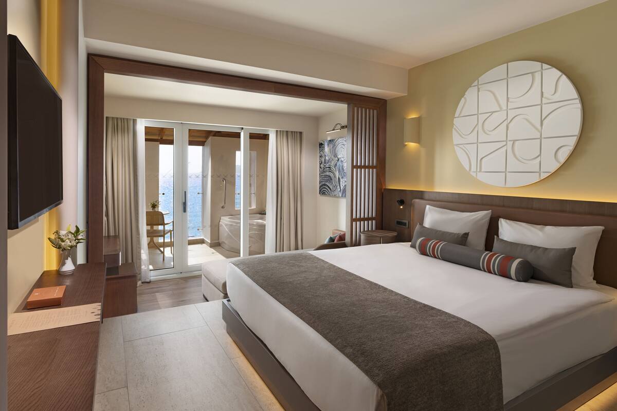 A hotel room with a large bed, a TV, a desk with a chair, and a view of the outdoors.