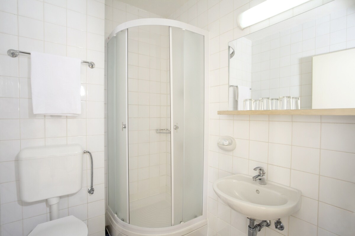 A bathroom with a toilet, a shower enclosure, and a sink with a mirror above it.