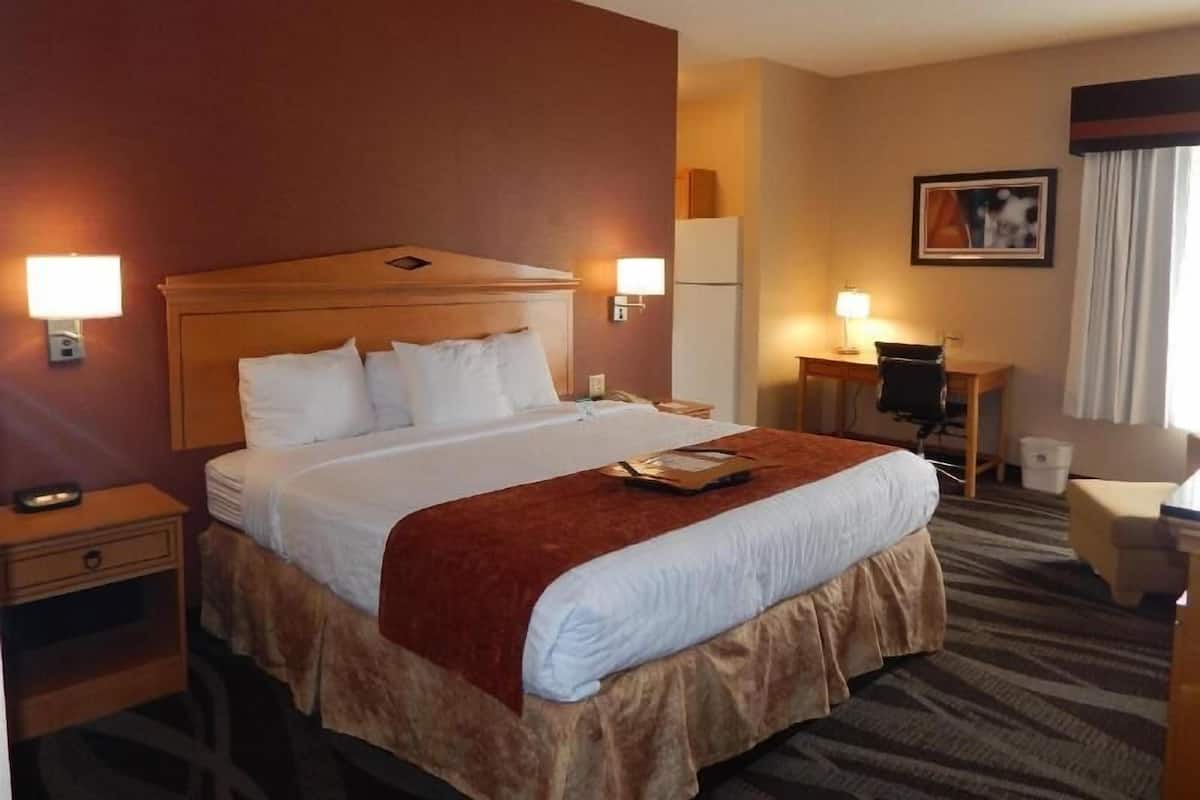 Premium bedding, desk, laptop workspace, blackout drapes
