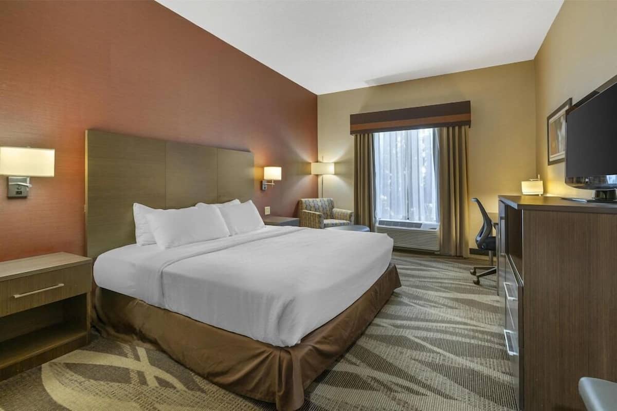Premium bedding, desk, laptop workspace, blackout drapes