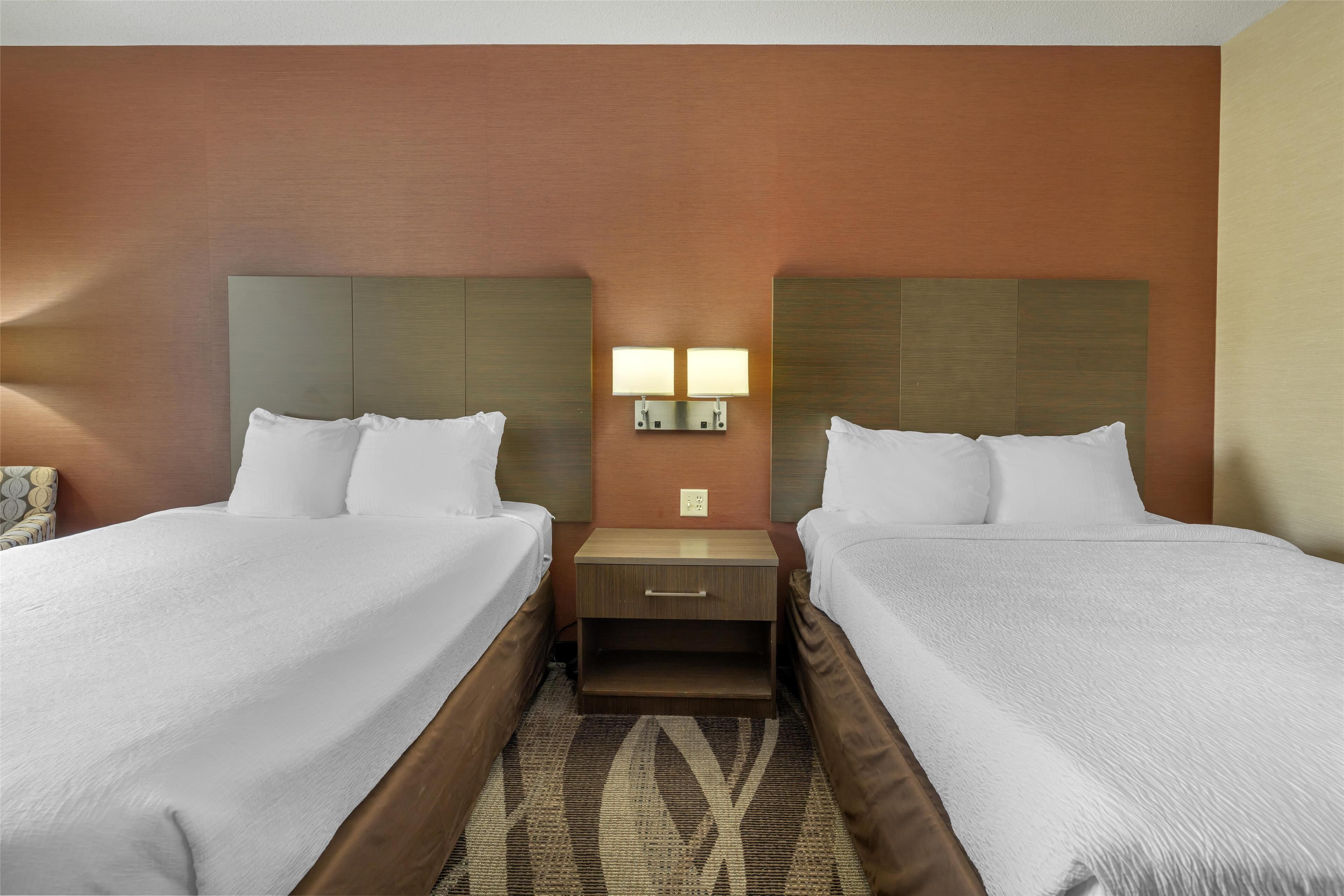 premium bedding, desk, laptop workspace, blackout curtains