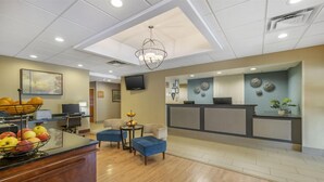 A reception area with a wooden reception desk, a television, and a fruit bowl. There are two blue chairs and a small table with a fruit bowl. The walls have decorative plates and a clock.