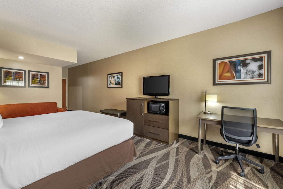 A hotel room with a bed, a desk with a chair, a television, and a microwave.