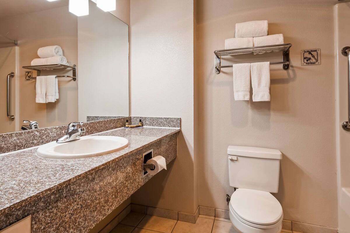 free toiletries, hair dryer, towels