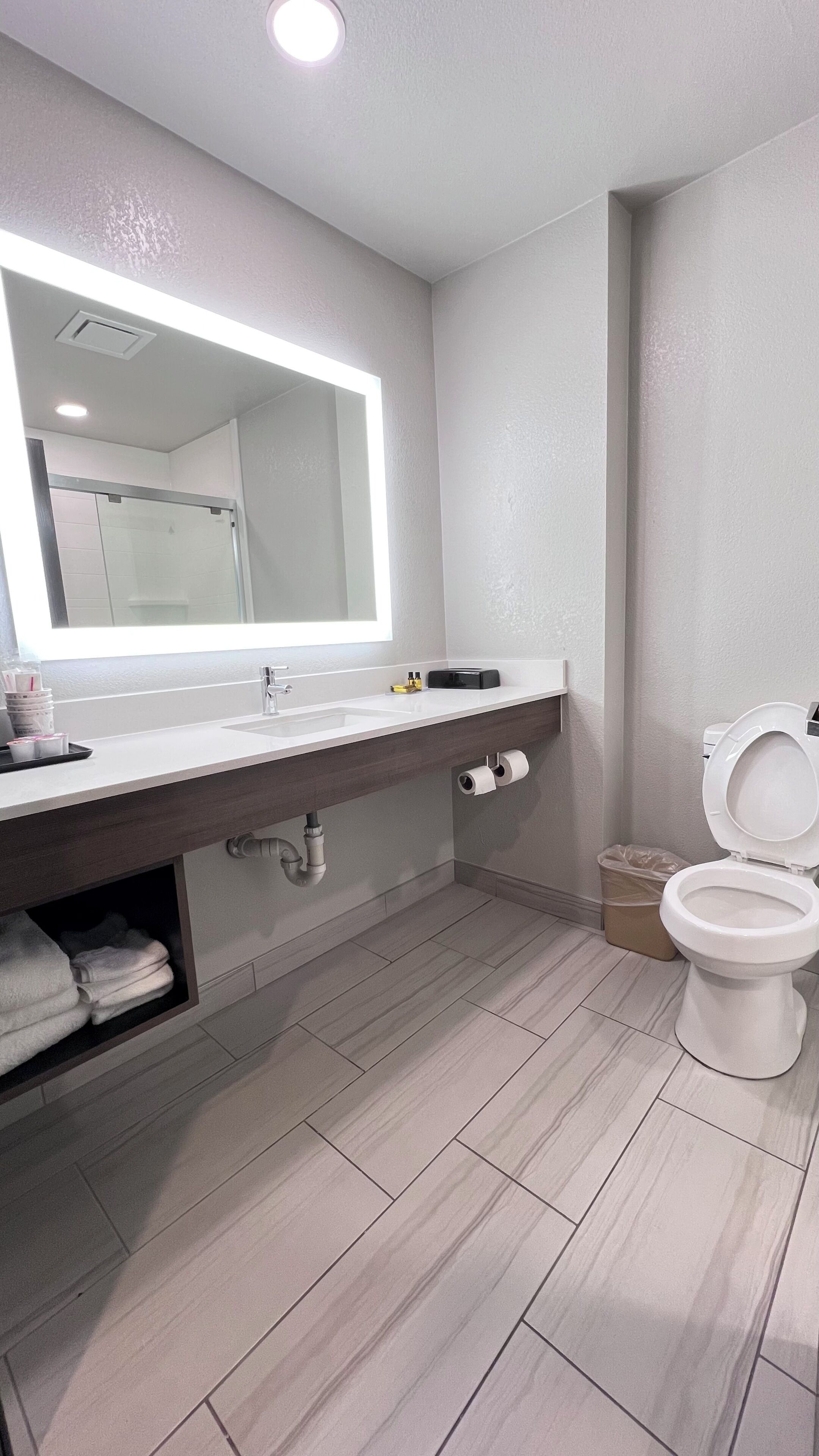 A modern bathroom with a large mirror, a sink, a toilet, and a shower area.