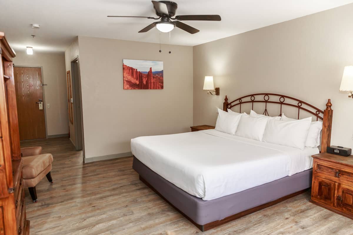 A hotel room with a large bed, a ceiling fan, a nightstand with a lamp, and a wooden chair.