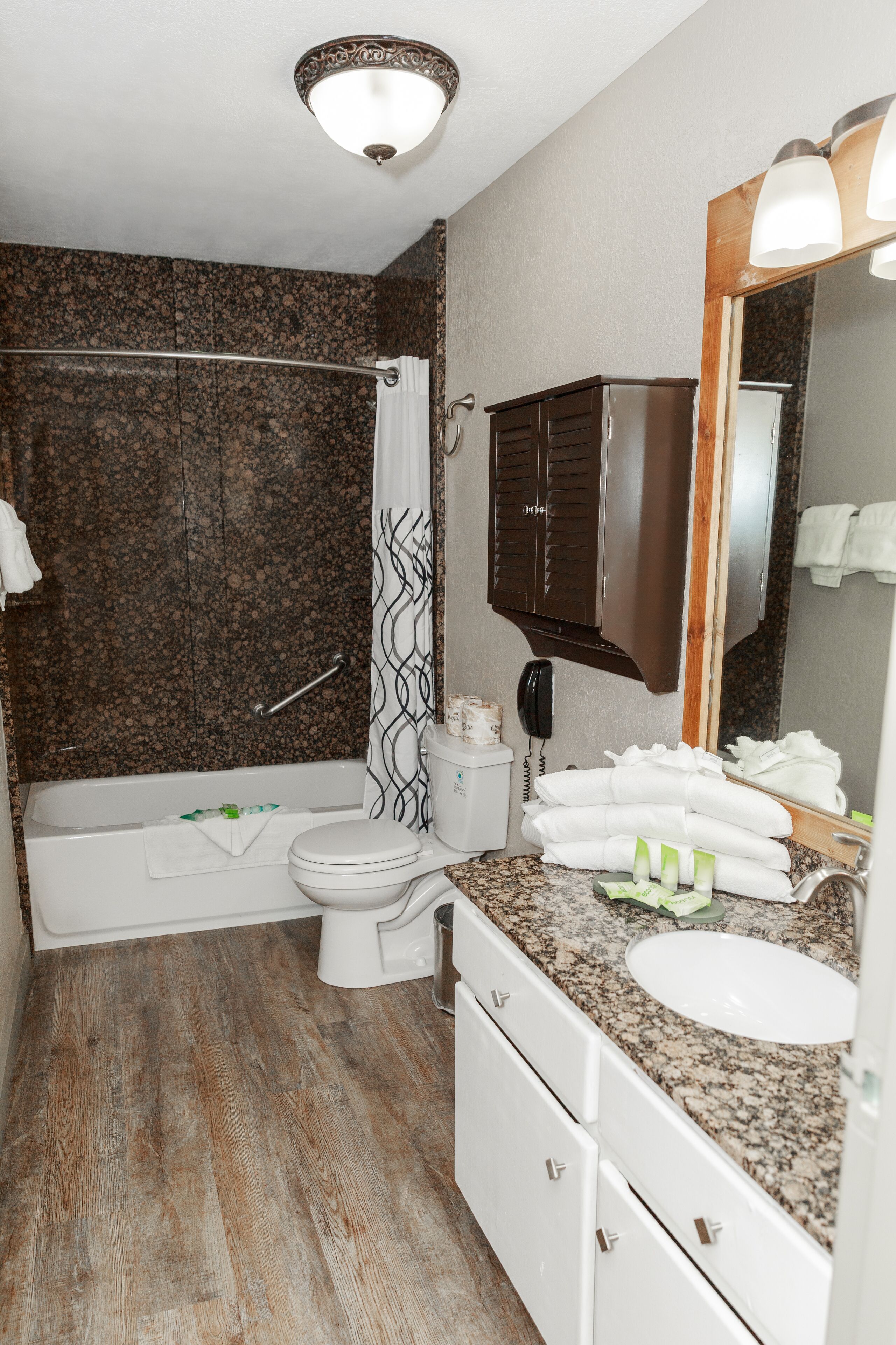 combined shower/bathtub, free toiletries, hair dryer, towels