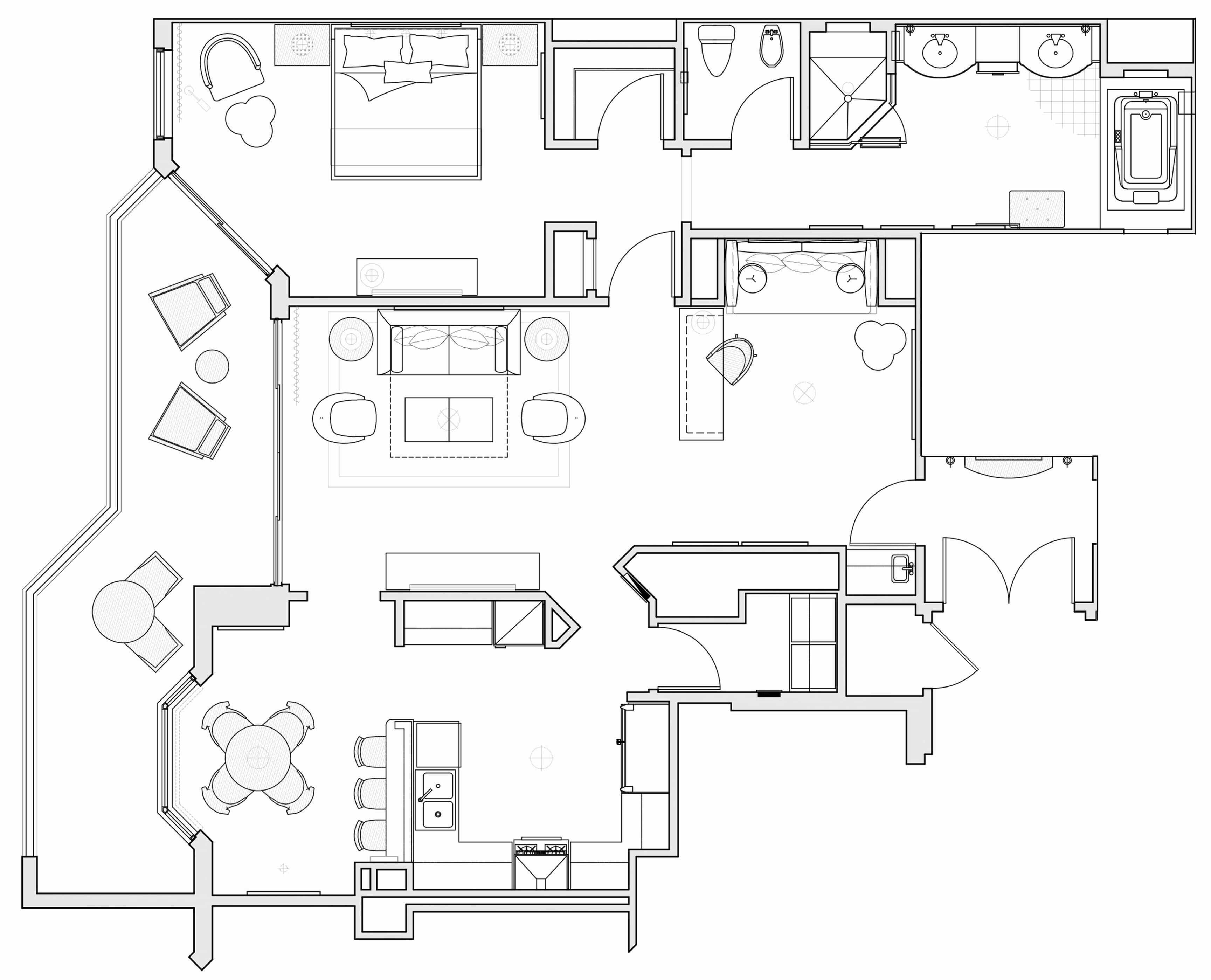 Plano de un hotel que muestra varias habitaciones, una cocina, un comedor y una piscina.