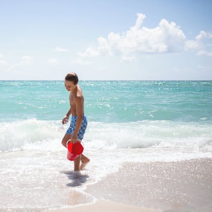 En la playa, playa de arena blanca, camastros y sombrillas
