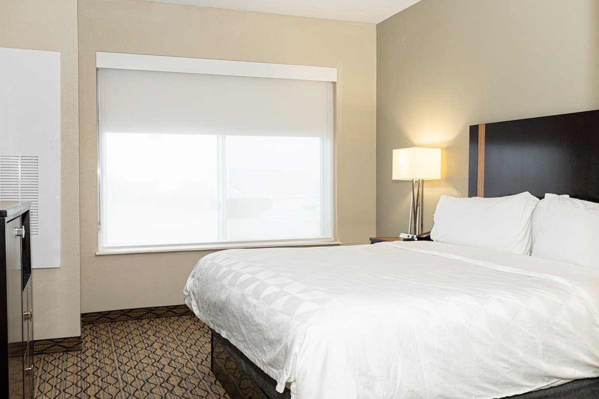 Habitación de hotel con una cama grande, una lámpara de noche y una ventana con persianas.