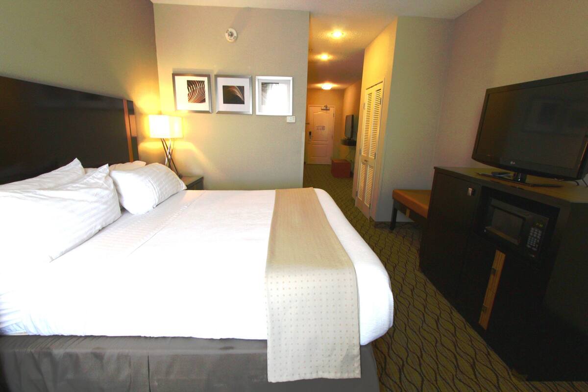 Habitación de hotel con cama, televisor, escritorio y microondas.