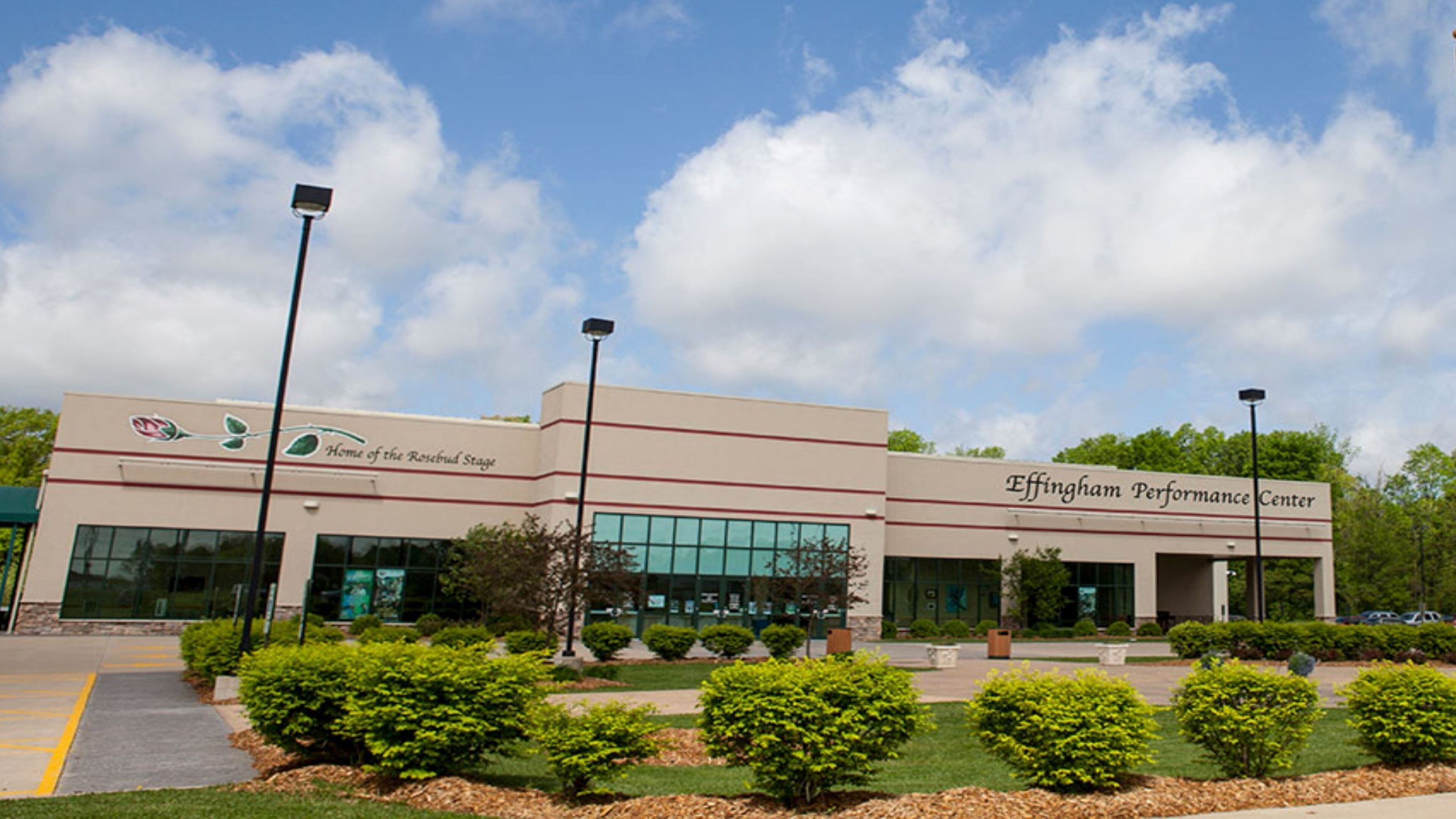 A building with a sign reading 'Effingham Performance Center' and 'Home of the Rosebud Stage'.