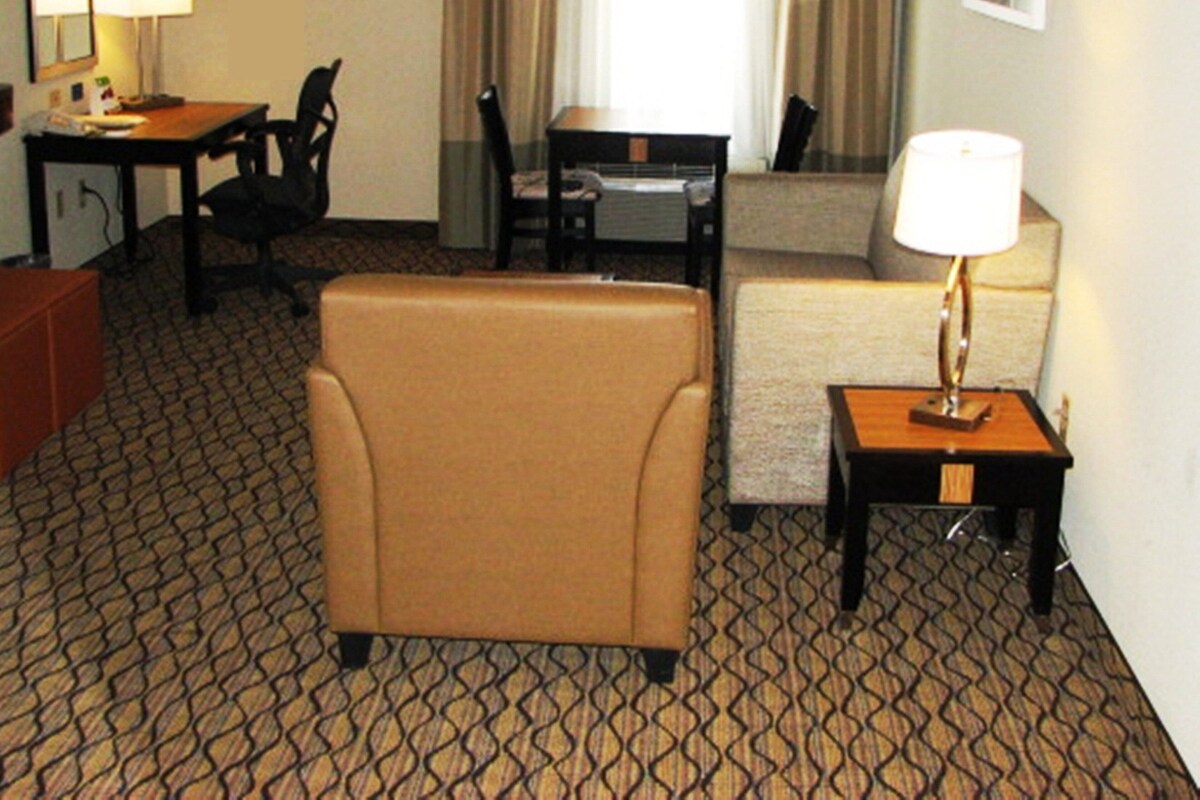 A hotel room with a sofa, a desk, a chair, a lamp, and a bed.