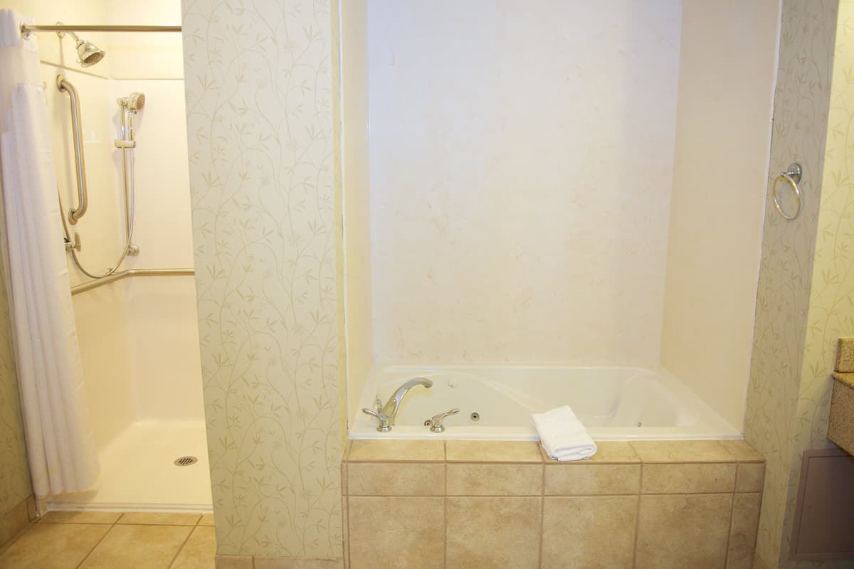Un baño con ducha, bañera y retrete.
