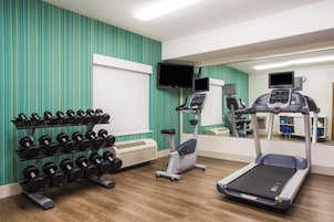 A gym with a treadmill, an elliptical, a wall-mounted TV, and a rack of dumbbells.