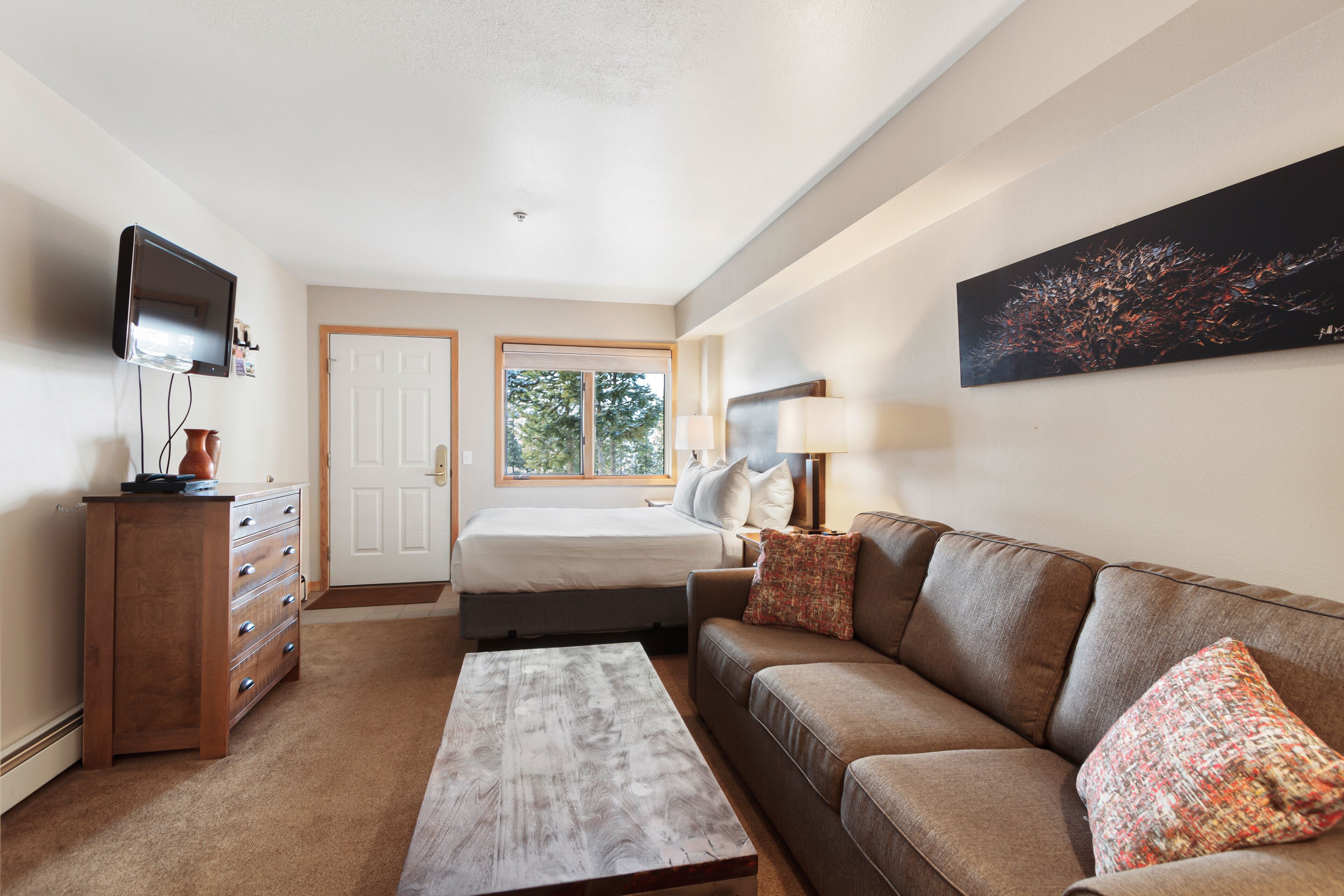 Un dormitorio con cama, cómoda, televisor, ventana, sofá y un cuadro en la pared.
