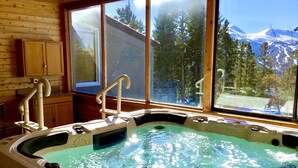 Un bain à remous avec vue sur une montagne enneigée et des arbres.