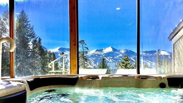 Un bain à remous avec vue sur des montagnes enneigées et des pins.