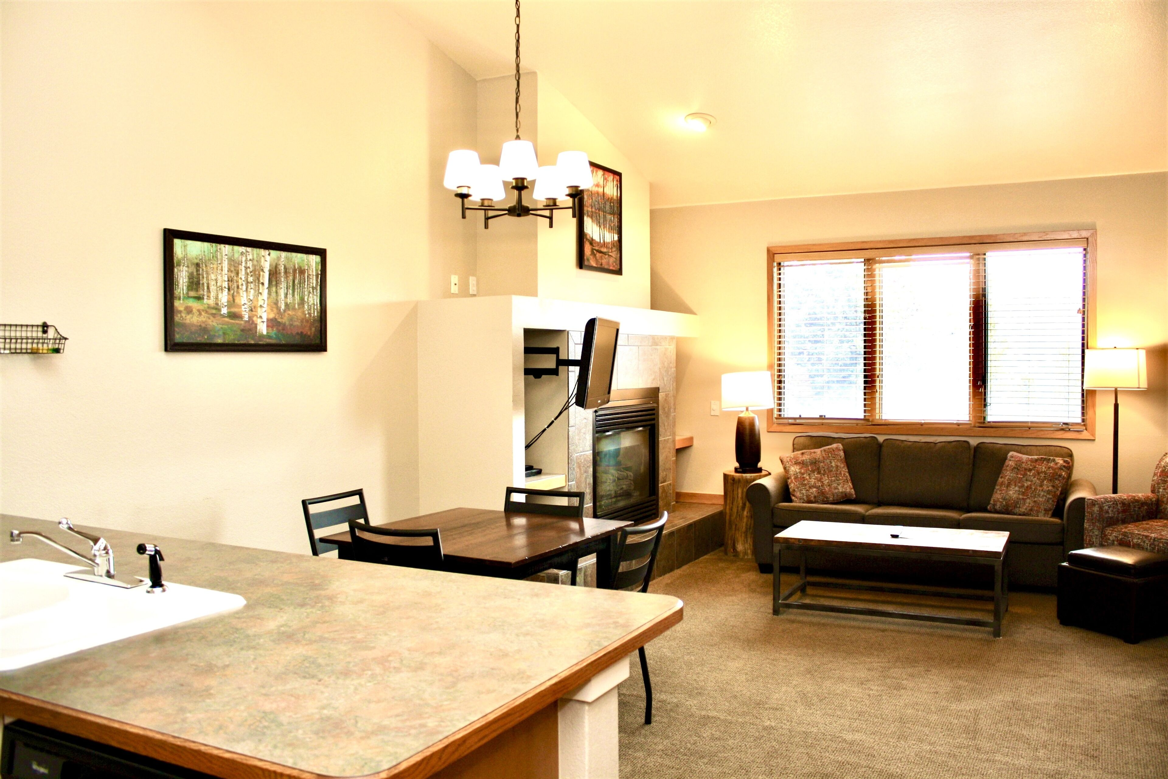 A compact living space with a kitchen area, dining table, and seating area.