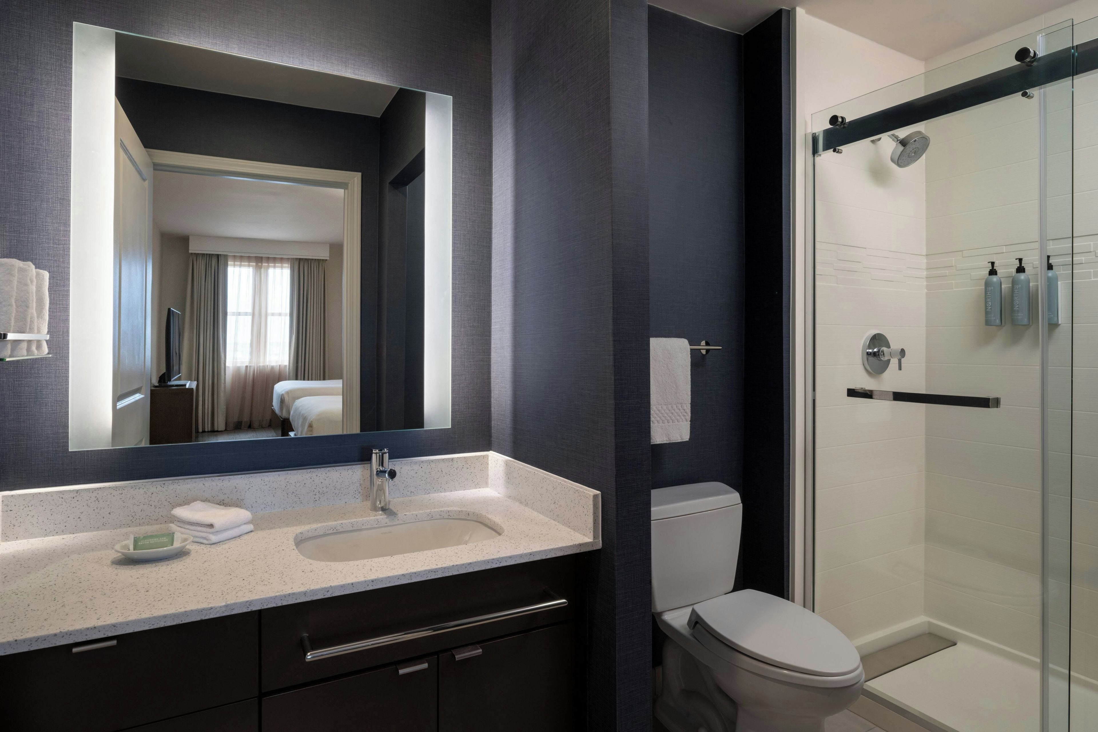 A modern bathroom with a large mirror, a sink, a toilet, and a glass shower enclosure.