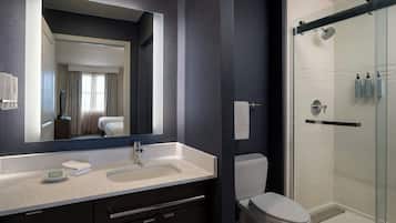 A modern bathroom with a large mirror, a sink, a toilet, and a glass shower enclosure.
