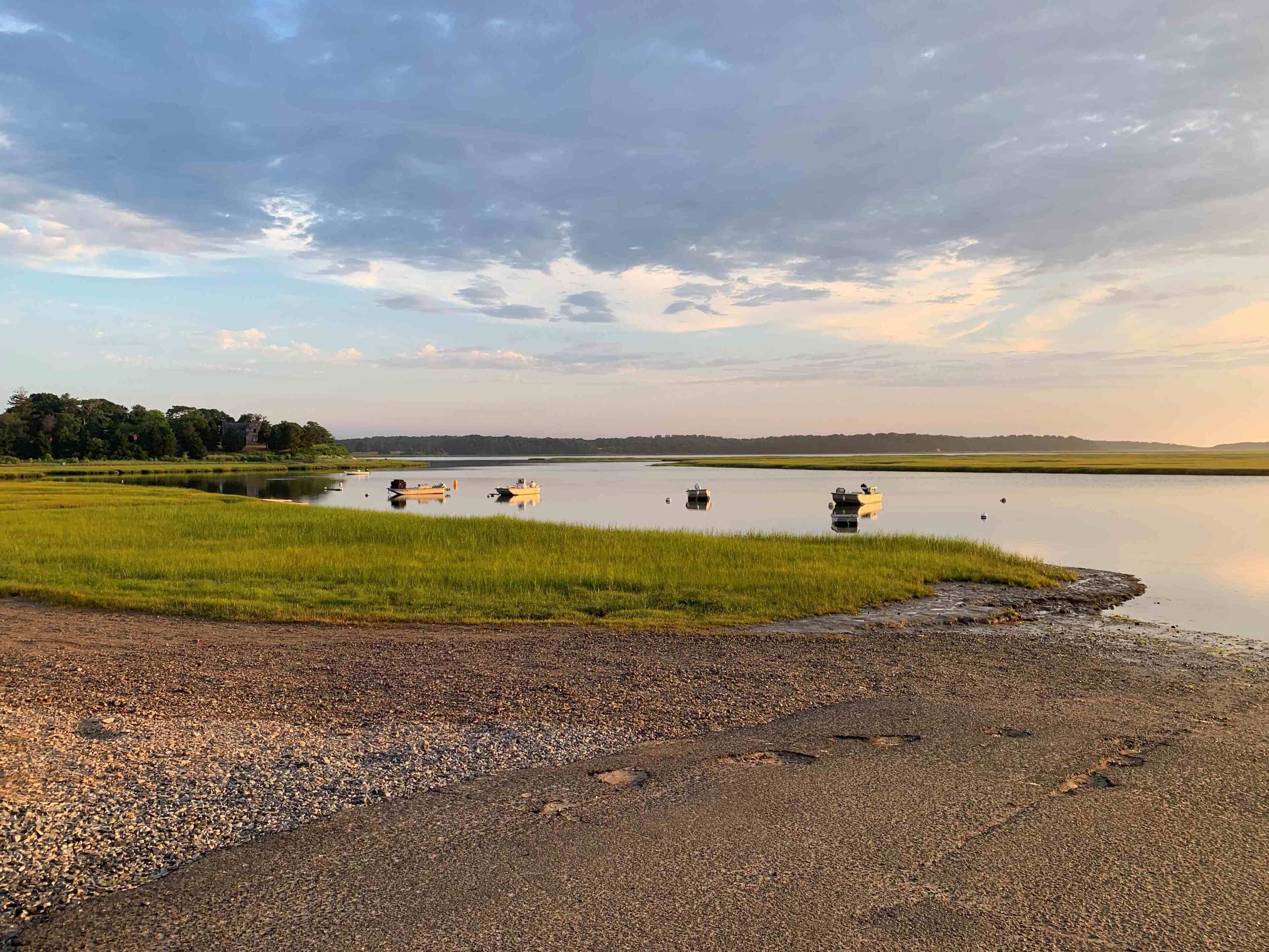 A calm lake with boats, a grassy shoreline, and a distant tree line.