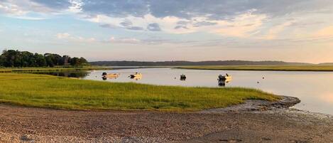 A calm lake with boats, a grassy shoreline, and a distant tree line.
