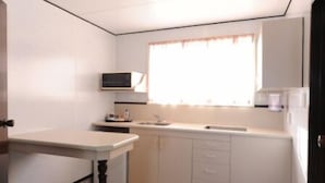 Una cocina compacta con microondas, pileta y armarios.