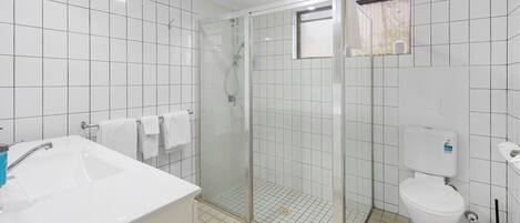 A bathroom with a glass-enclosed shower, a white sink, and a toilet.