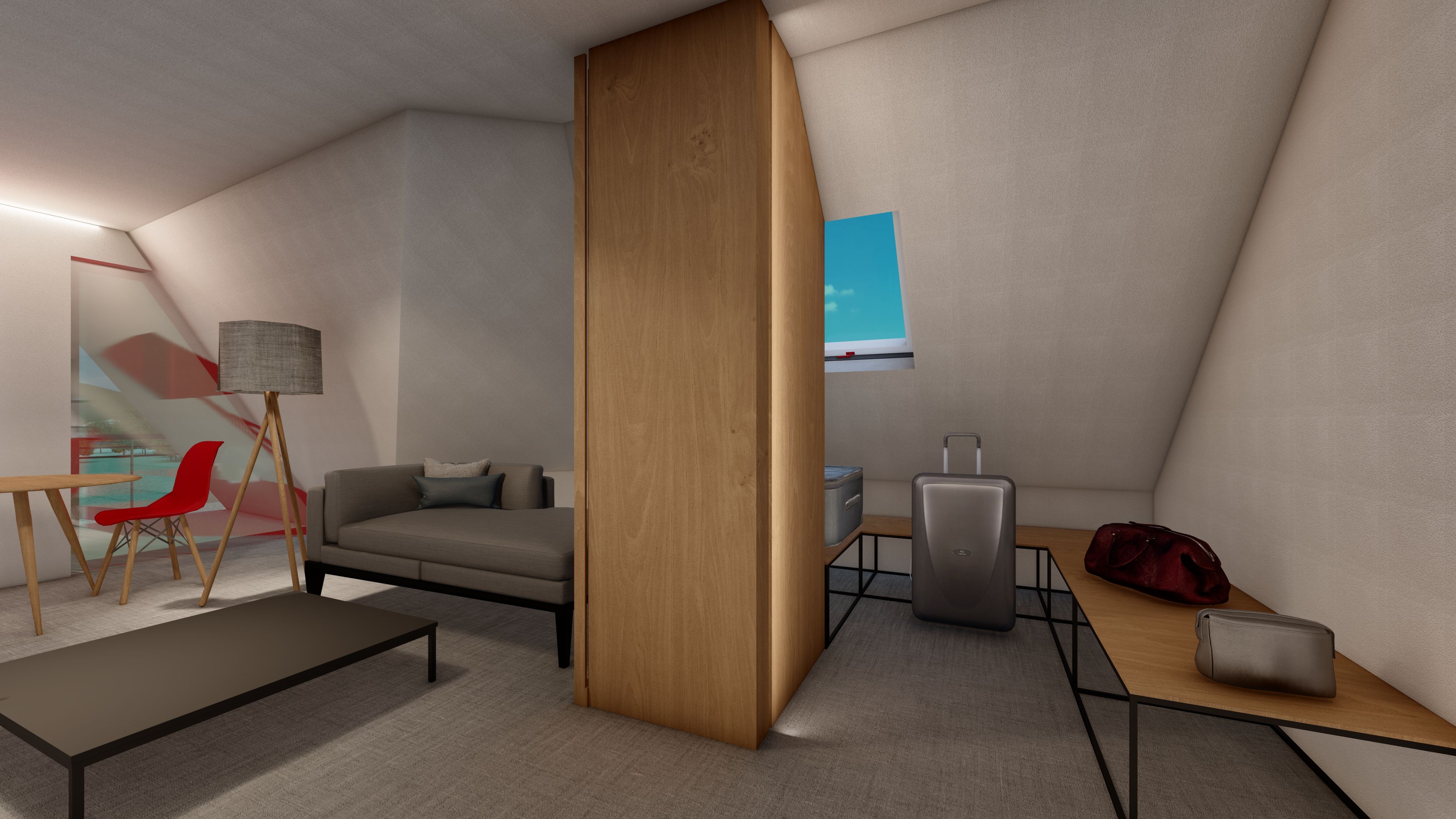 A modern, compact room with a sofa, a small table, a lamp, a suitcase, and a handbag.