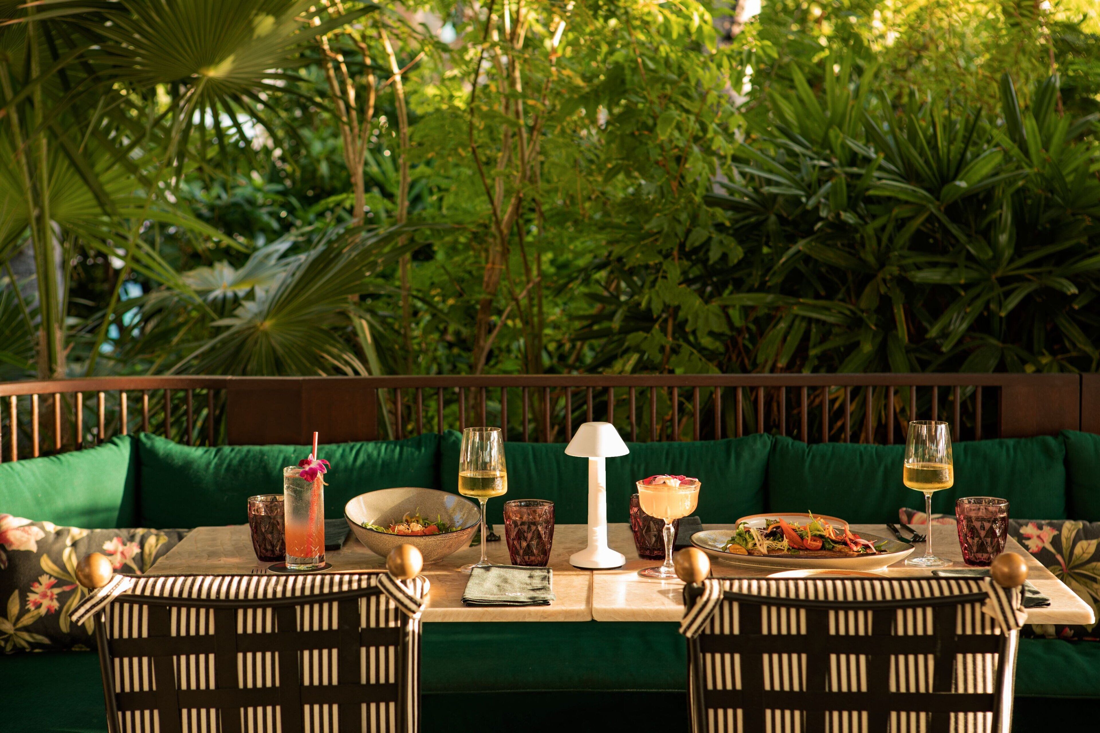 A dining table set with a salad, drinks, and a candle, surrounded by green foliage.