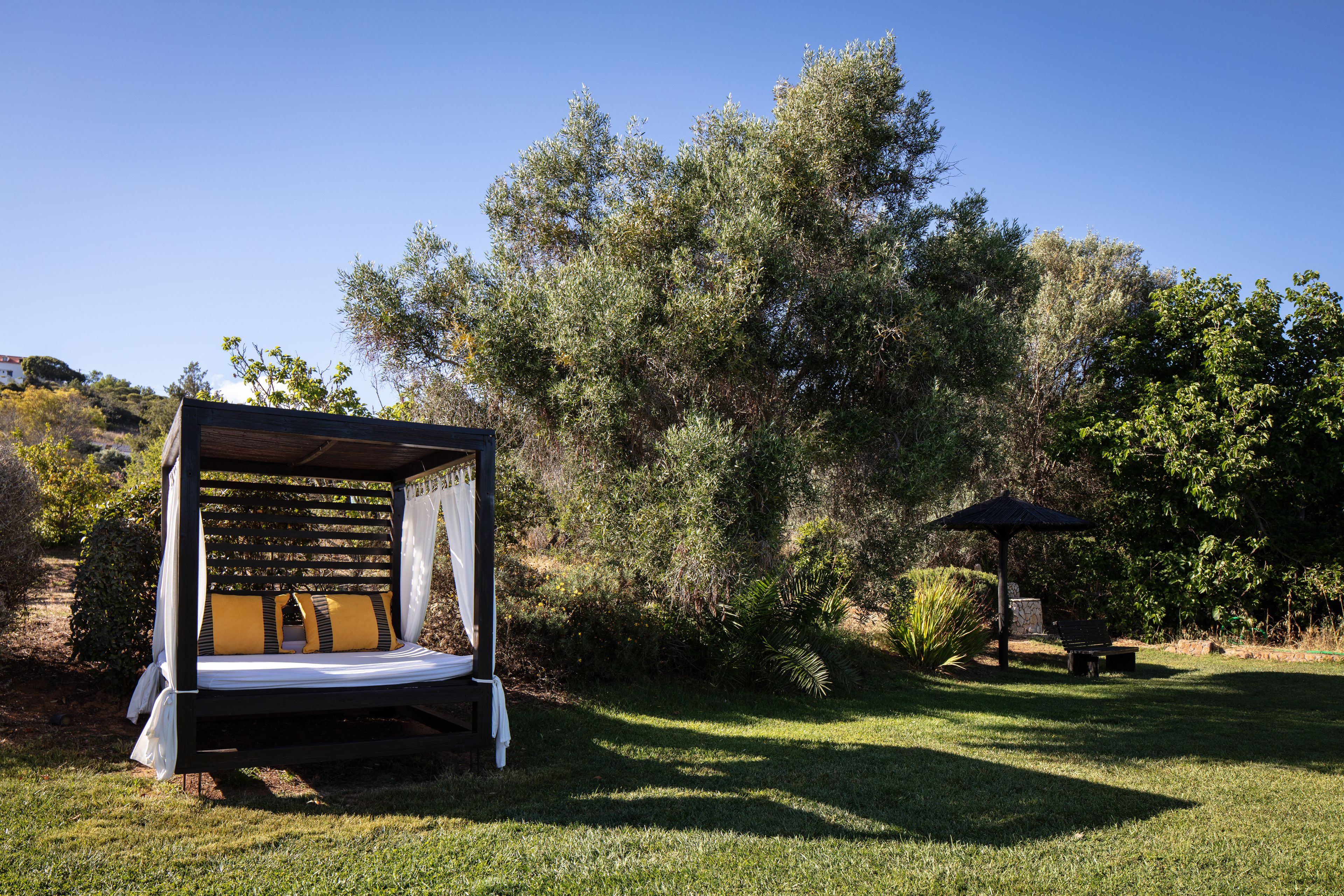 Un jardín con estructura de cama de madera y dosel, rodeado de abundante vegetación y árboles.