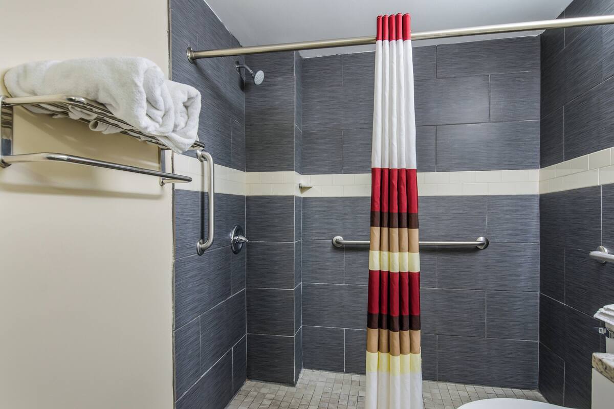 A modern shower area with a vertical curtain, a towel rack, and a handrail.