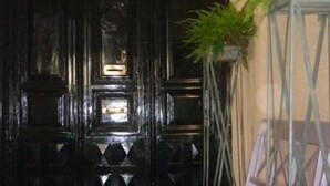 Una puerta de madera oscura con intrincados grabados y una planta en maceta a su lado.