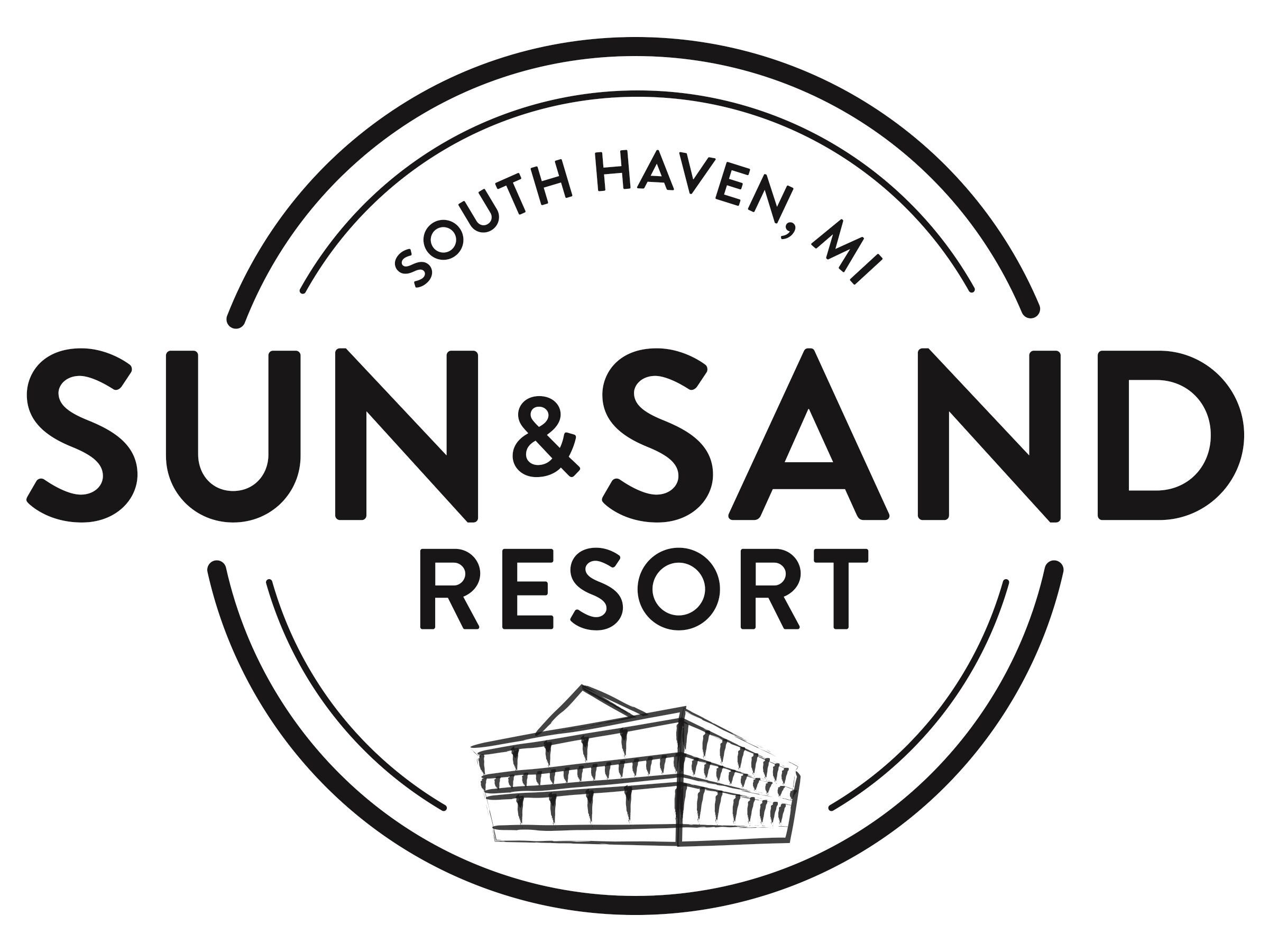SUN & SAND RESORT -hotellin logo, joka on tarkoitettu käytettäväksi South Havenissa, Michiganissa. Logossa on tyylitelty rakennuksen kuvitus.