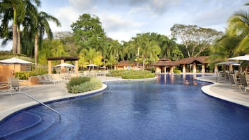 Relax by the pool surrounded by palm trees and lounge chairs.