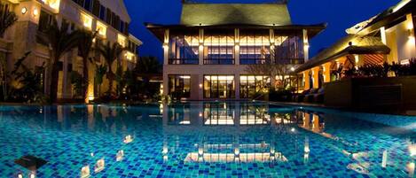 Outdoor pool, pool umbrellas, pool loungers