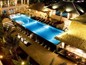 Outdoor pool, pool umbrellas, pool loungers