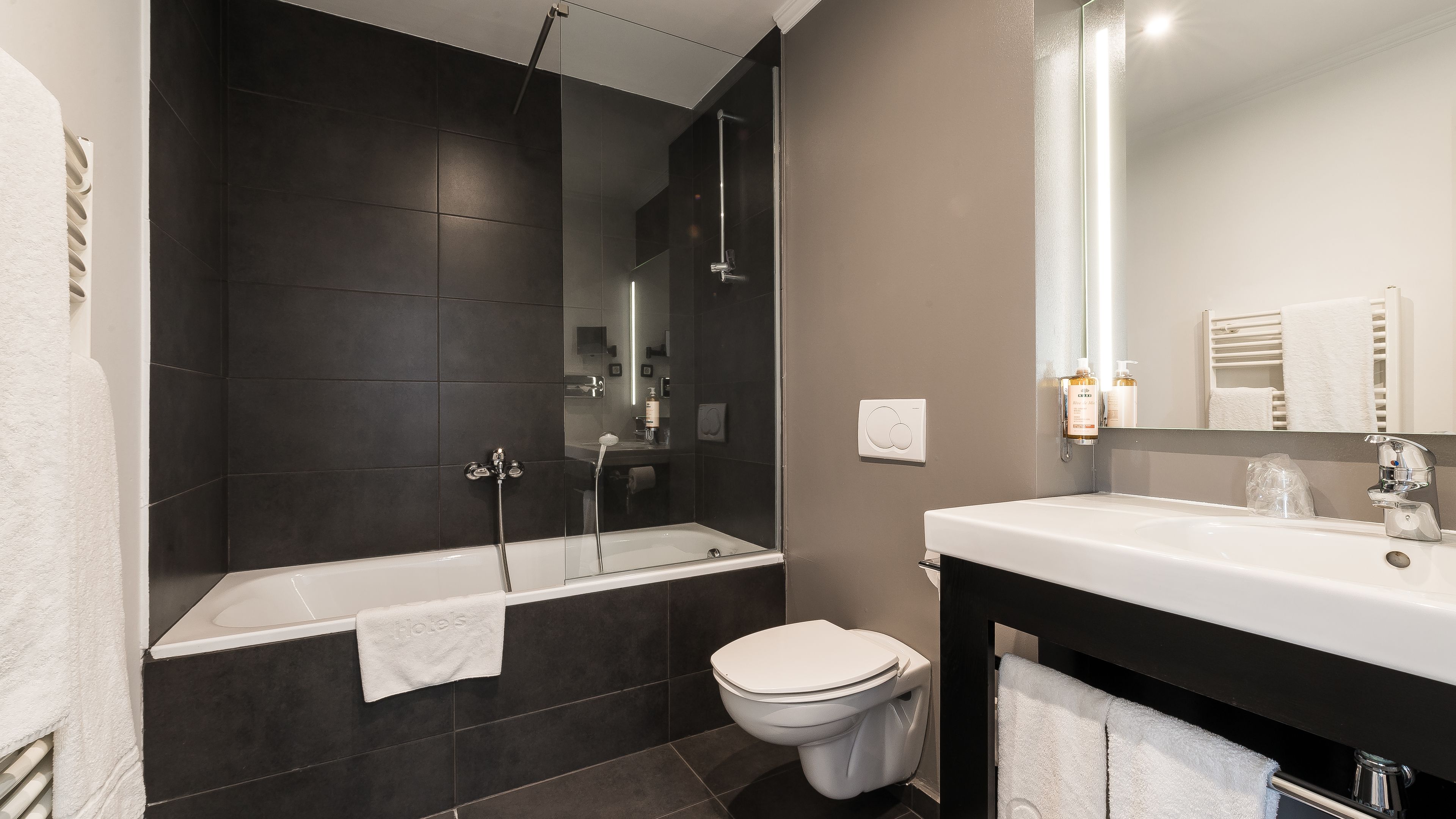 shower, rainfall showerhead, designer toiletries, hair dryer