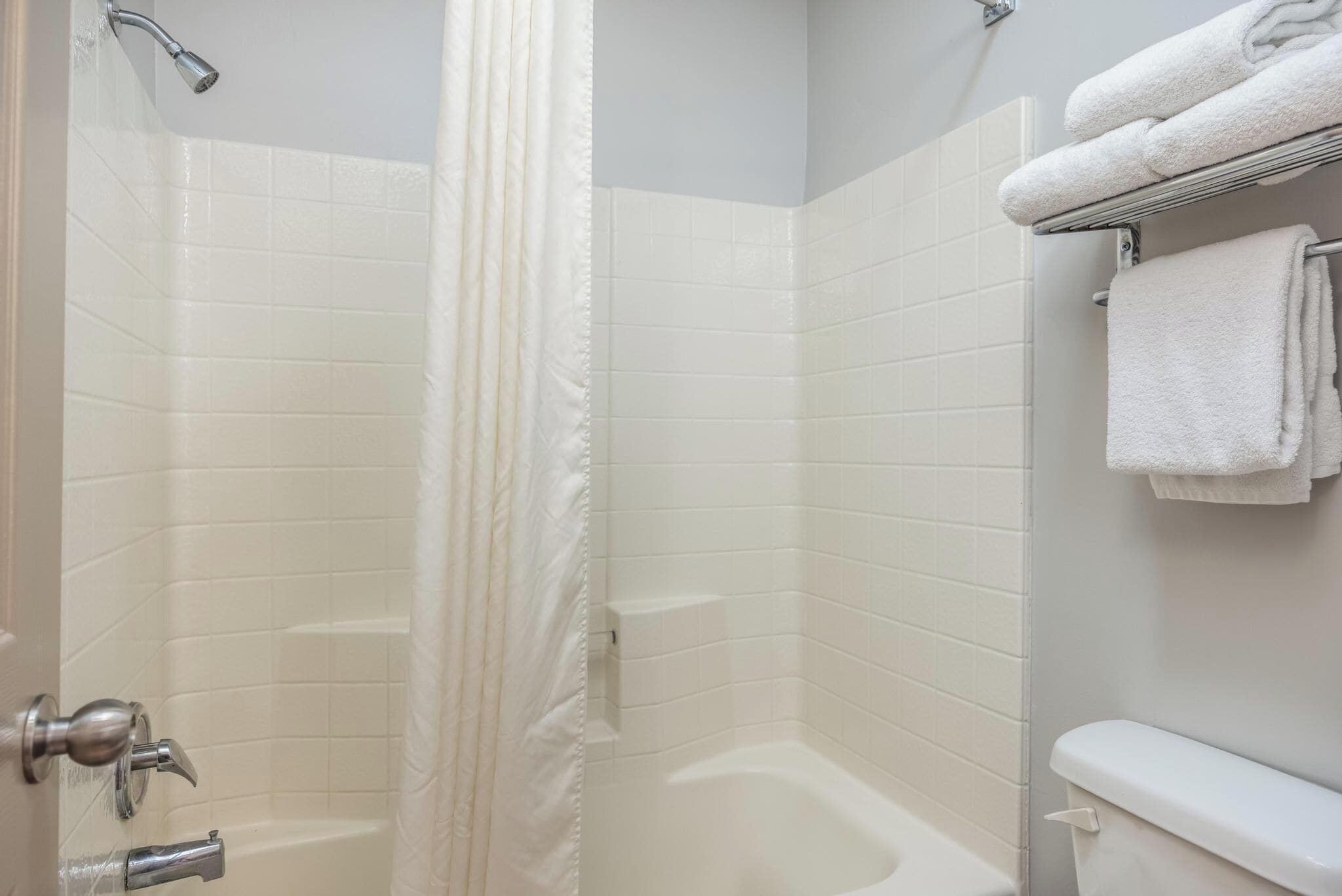 A bathroom with a shower, a toilet, and a towel rack.