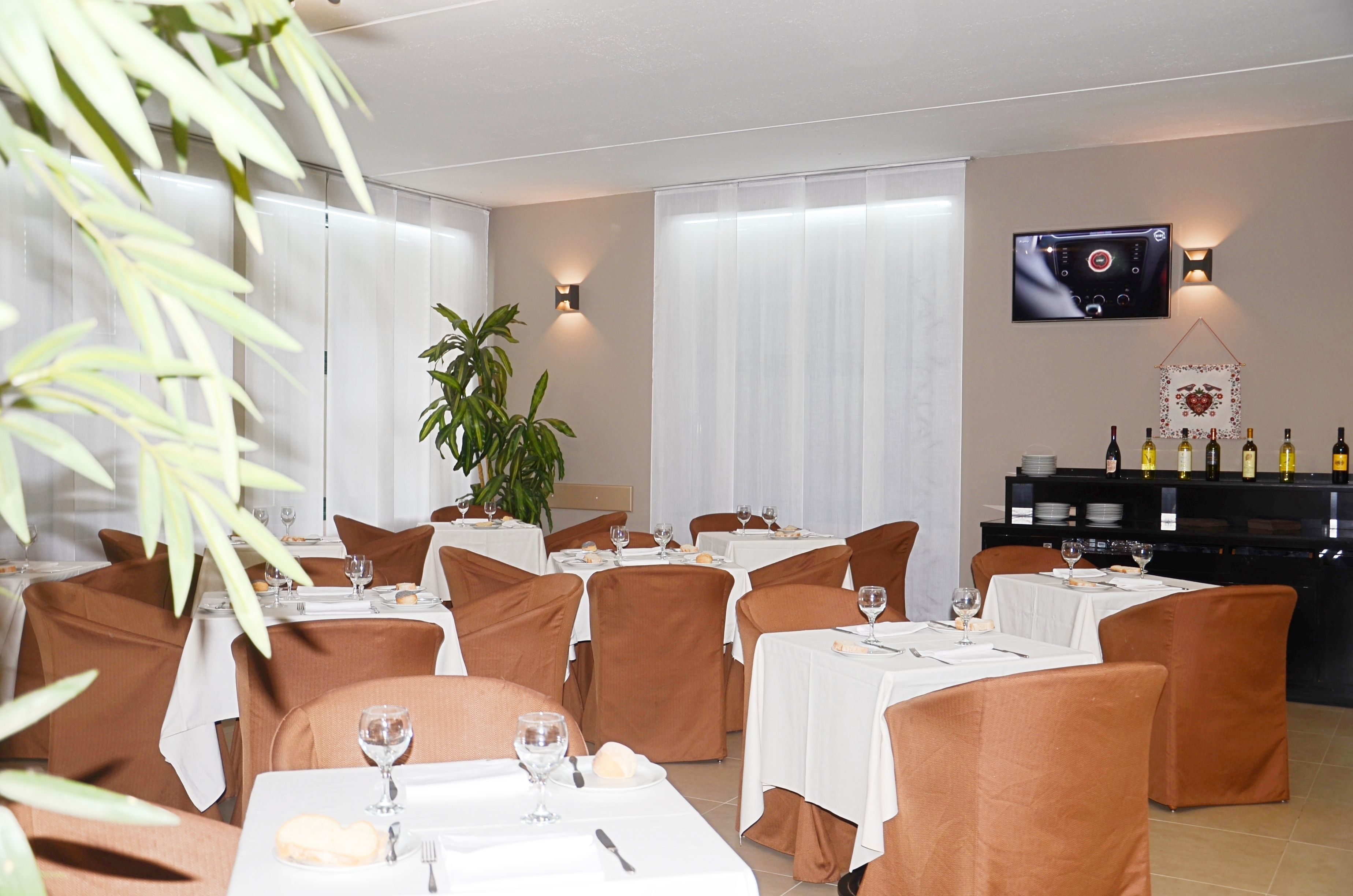 Een restaurant met gedekte tafels, een kamerplant en een wijnrek.