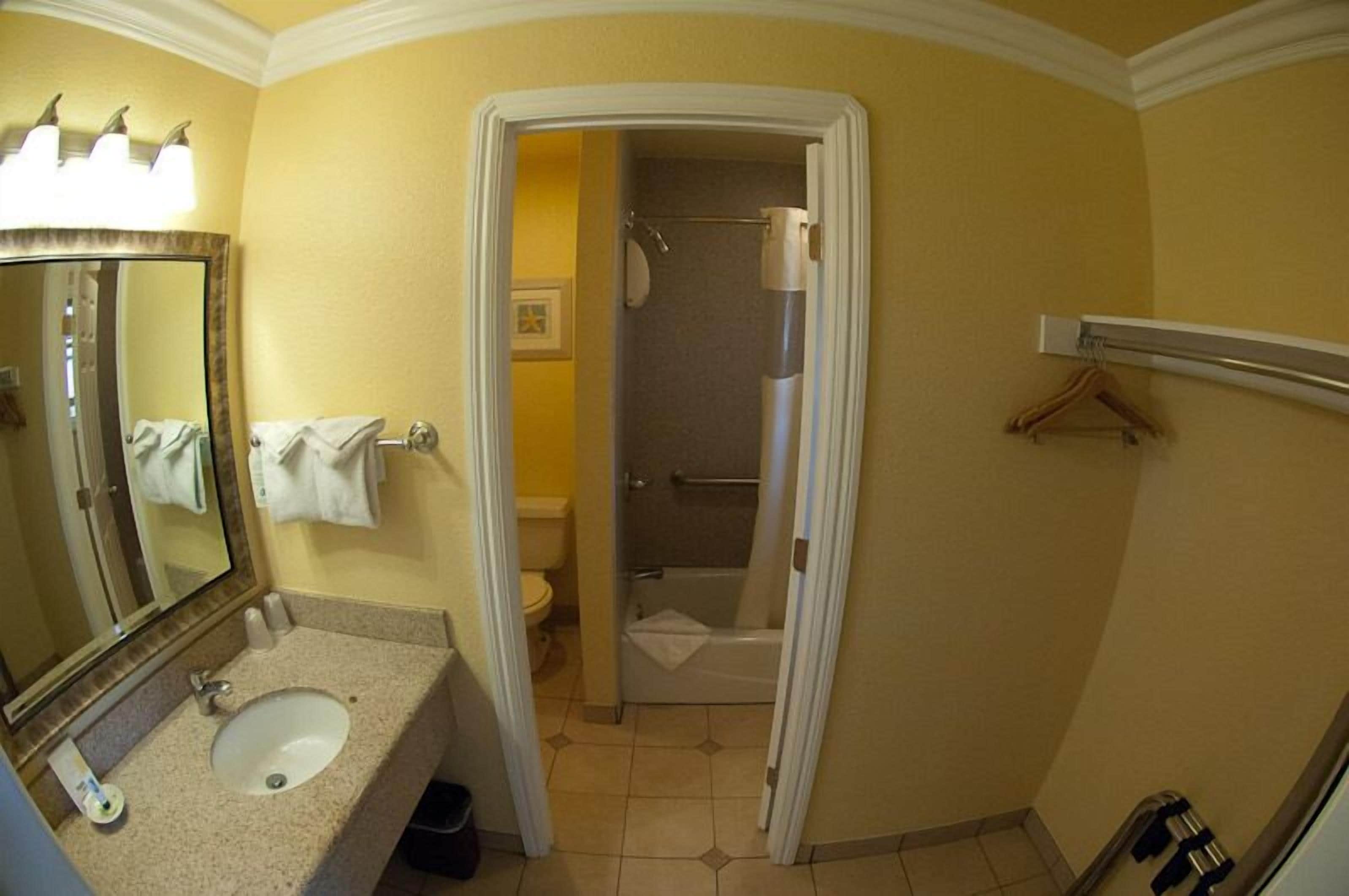 A bathroom with a sink, mirror, and a shower area.