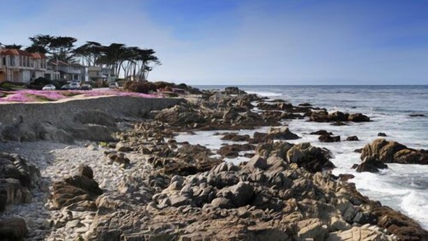A rocky beach with waves crashing onto the shore. There are houses and trees in the background. - Deer Haven Inn (Pacific Grove)