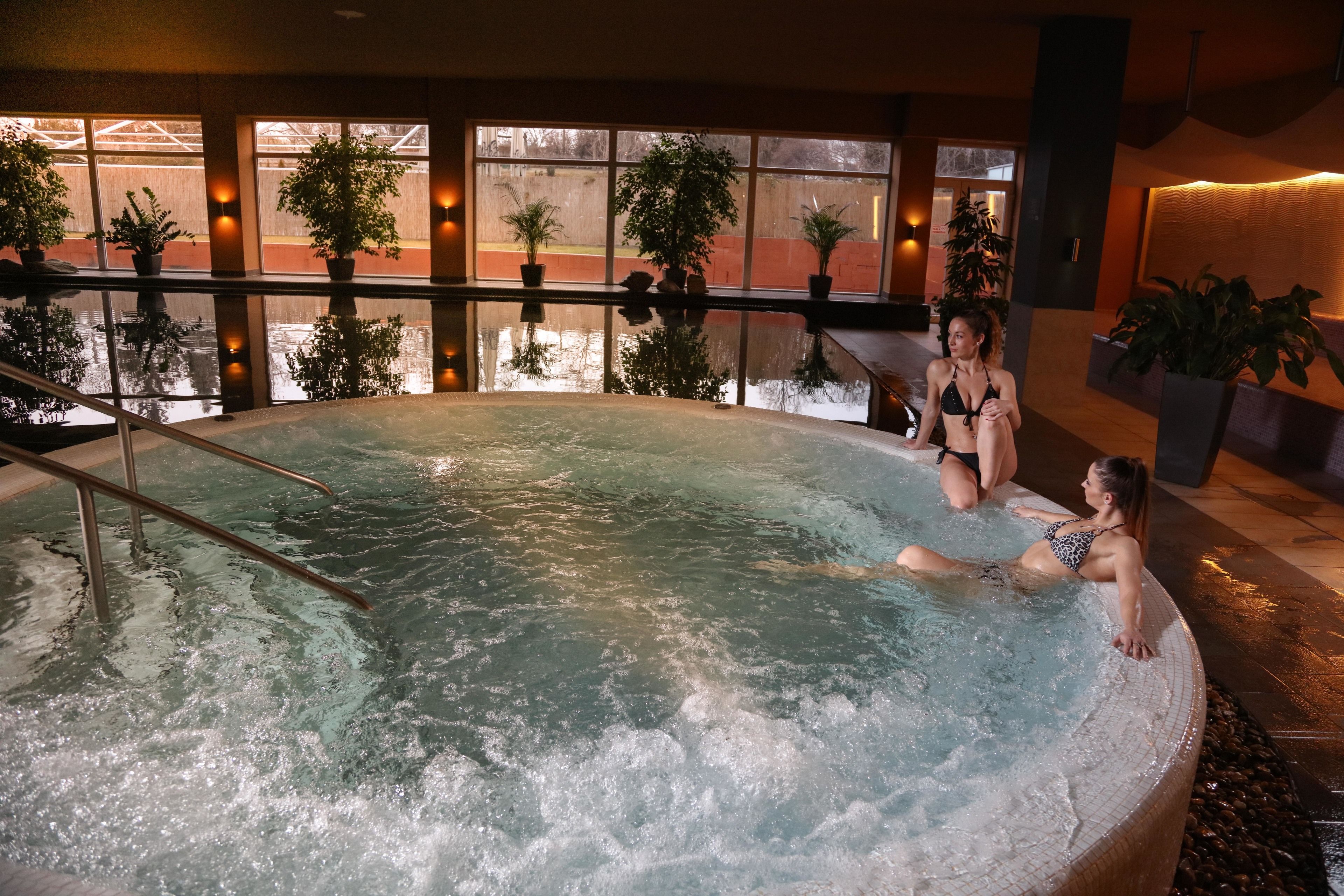 A hot tub with two people, surrounded by potted plants and large windows.