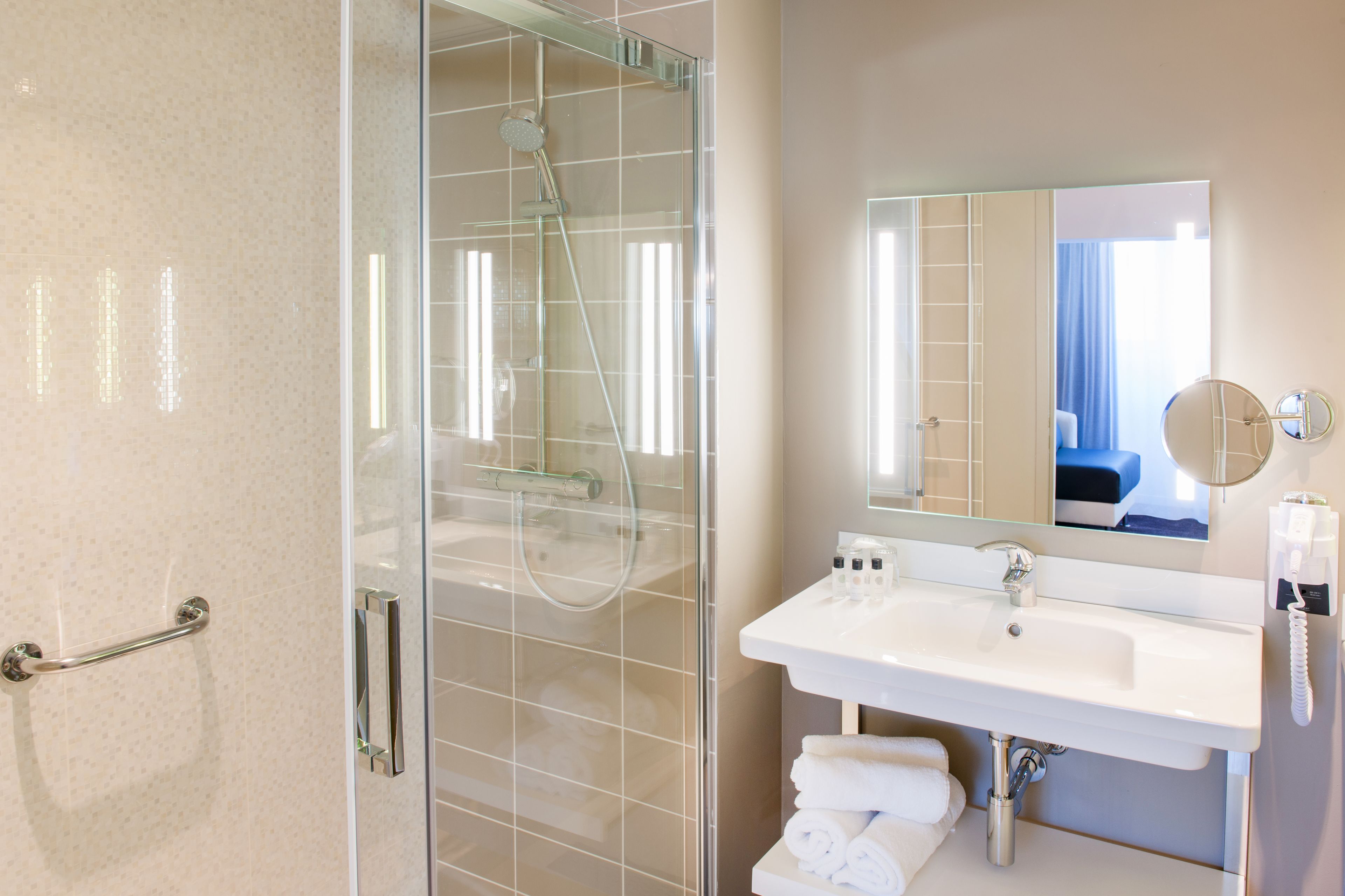 free toiletries, hair dryer, towels