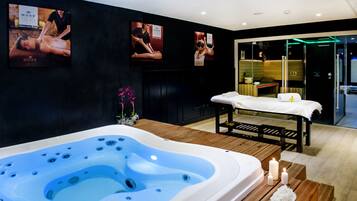 Een sauna, een bubbelbad, een stoombad, lichaamsbehandelingen